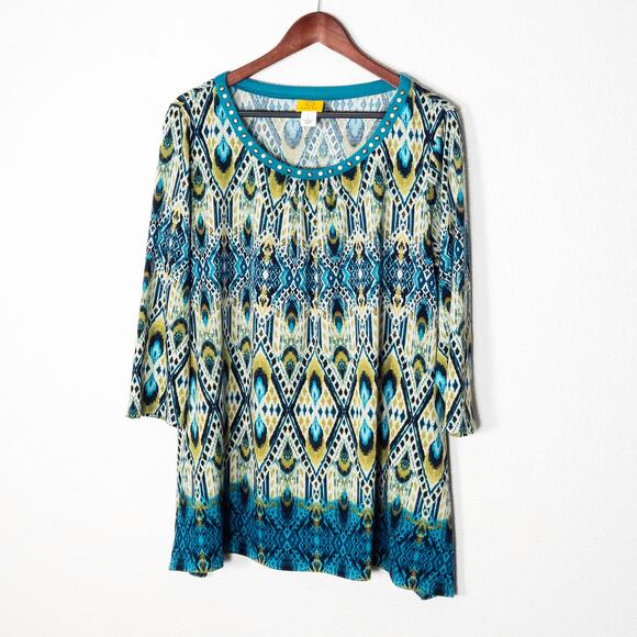 Ruby Rd Women’s Top Resort Pop Teal Citrine Print Stretch Knit Coastal Grandma L - Picture 1 of 7